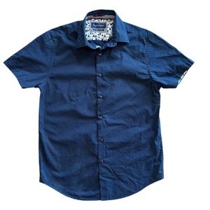 Denim & Flower Navy & White Polka Dot Button Up Collared Dress Shirt size XL